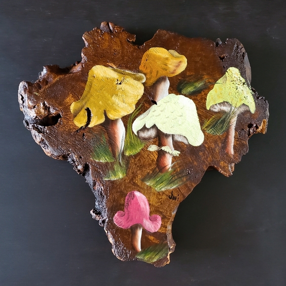 Vintage Art Vintage Hand Painted Toadstool Forest Wood Folk Art